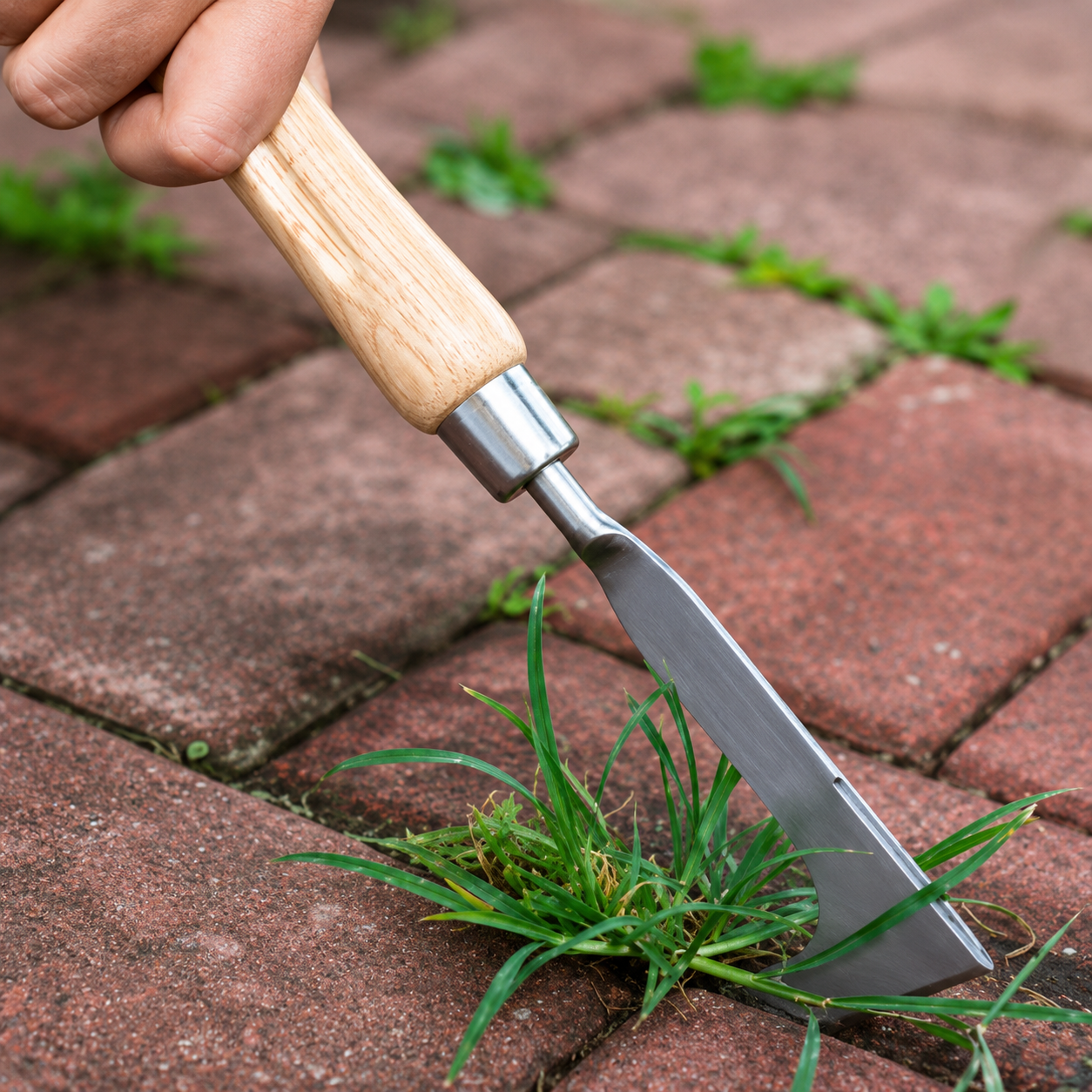 Removing weeds between patio pavers with a crevice weeder
