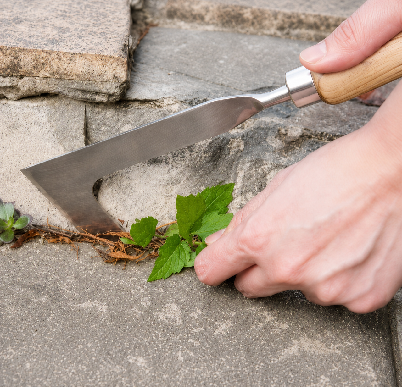 Pulling weeds from patio cracks with a manual crevice weeder