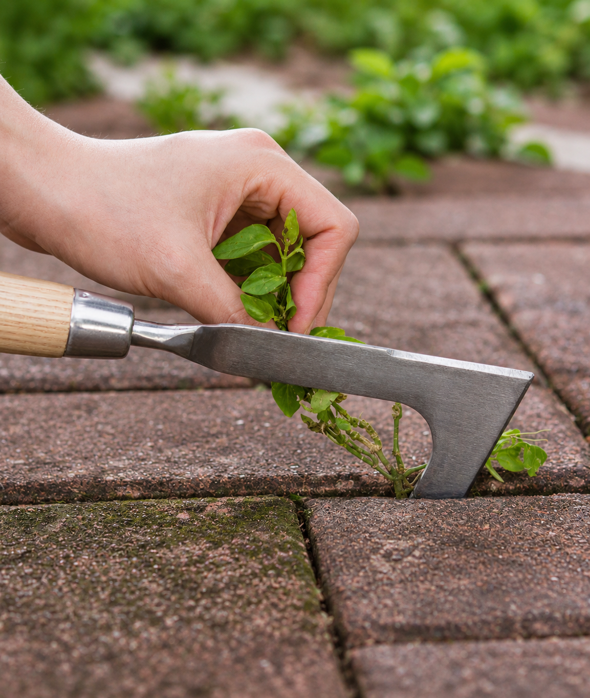 Removing weeds between patio pavers with a crevice weeder