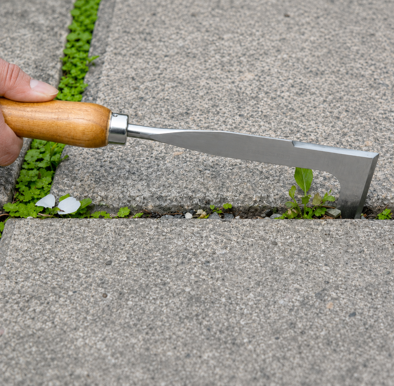 Crevice weeder cleaning weeds from sidewalk cracks